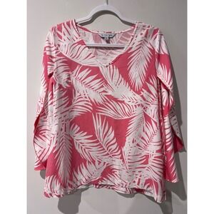 la mer luxe Women's Pink White Palm Leaf Tropical Print V Neck Tunic Top Size M‎